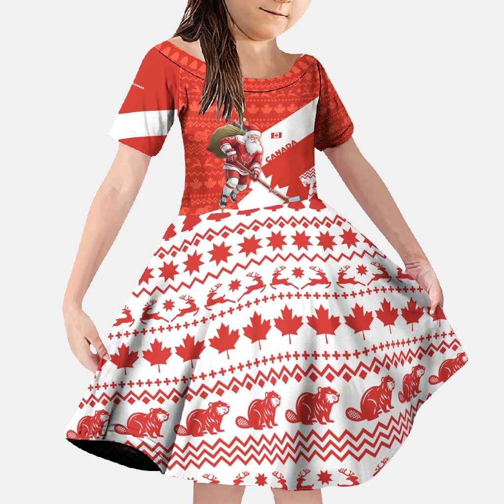 Canada Christmas Family Matching Off Shoulder Maxi Dress and Hawaiian Shirt with Santa Playing Hockey Maple Leaf Flag and Red White Knit Pattern Design - Wonder Print Shop