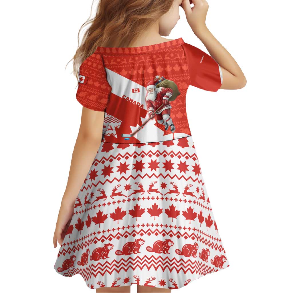 Canada Christmas Family Matching Off Shoulder Maxi Dress and Hawaiian Shirt with Santa Playing Hockey Maple Leaf Flag and Red White Knit Pattern Design - Wonder Print Shop