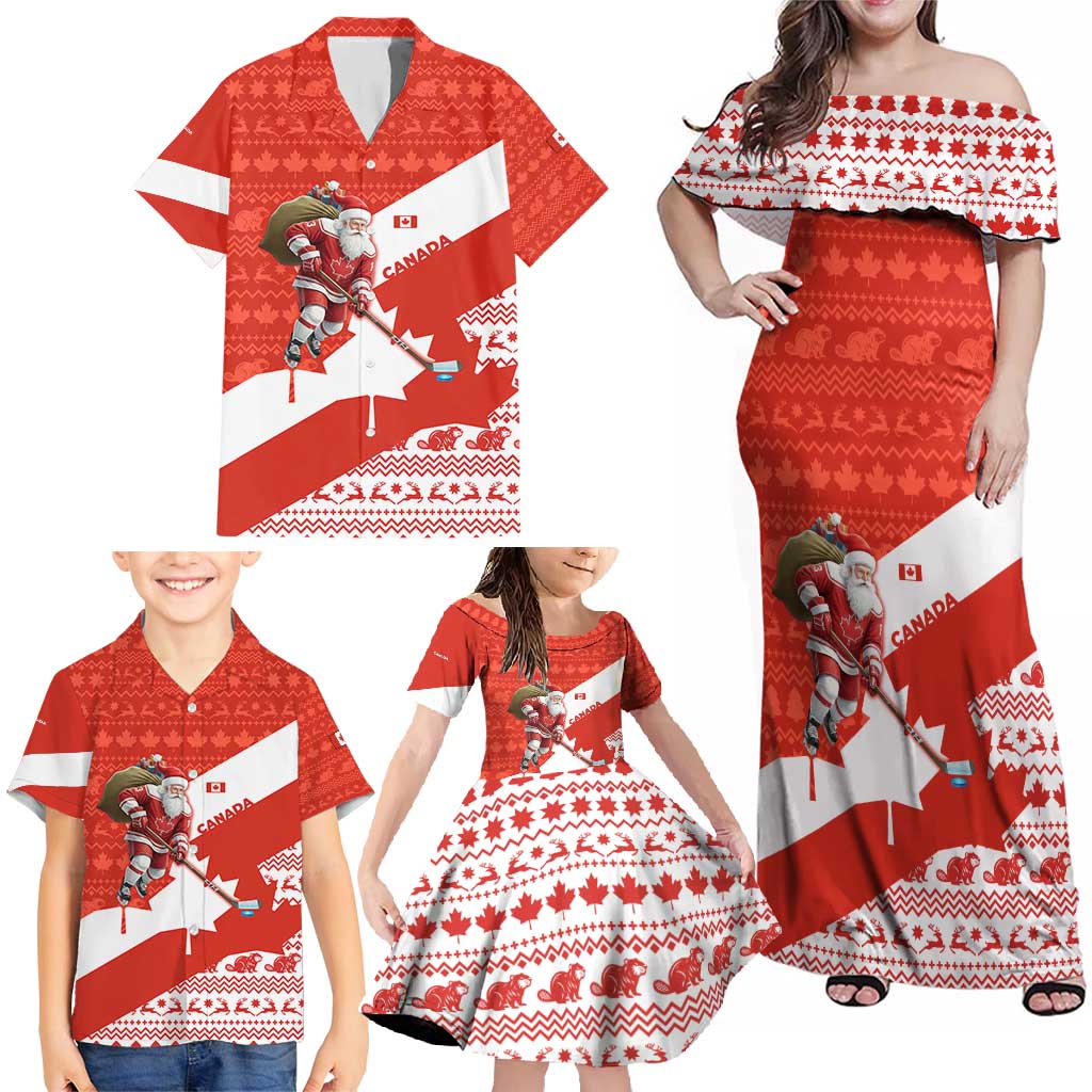 Canada Christmas Family Matching Off Shoulder Maxi Dress and Hawaiian Shirt with Santa Playing Hockey Maple Leaf Flag and Red White Knit Pattern Design - Wonder Print Shop