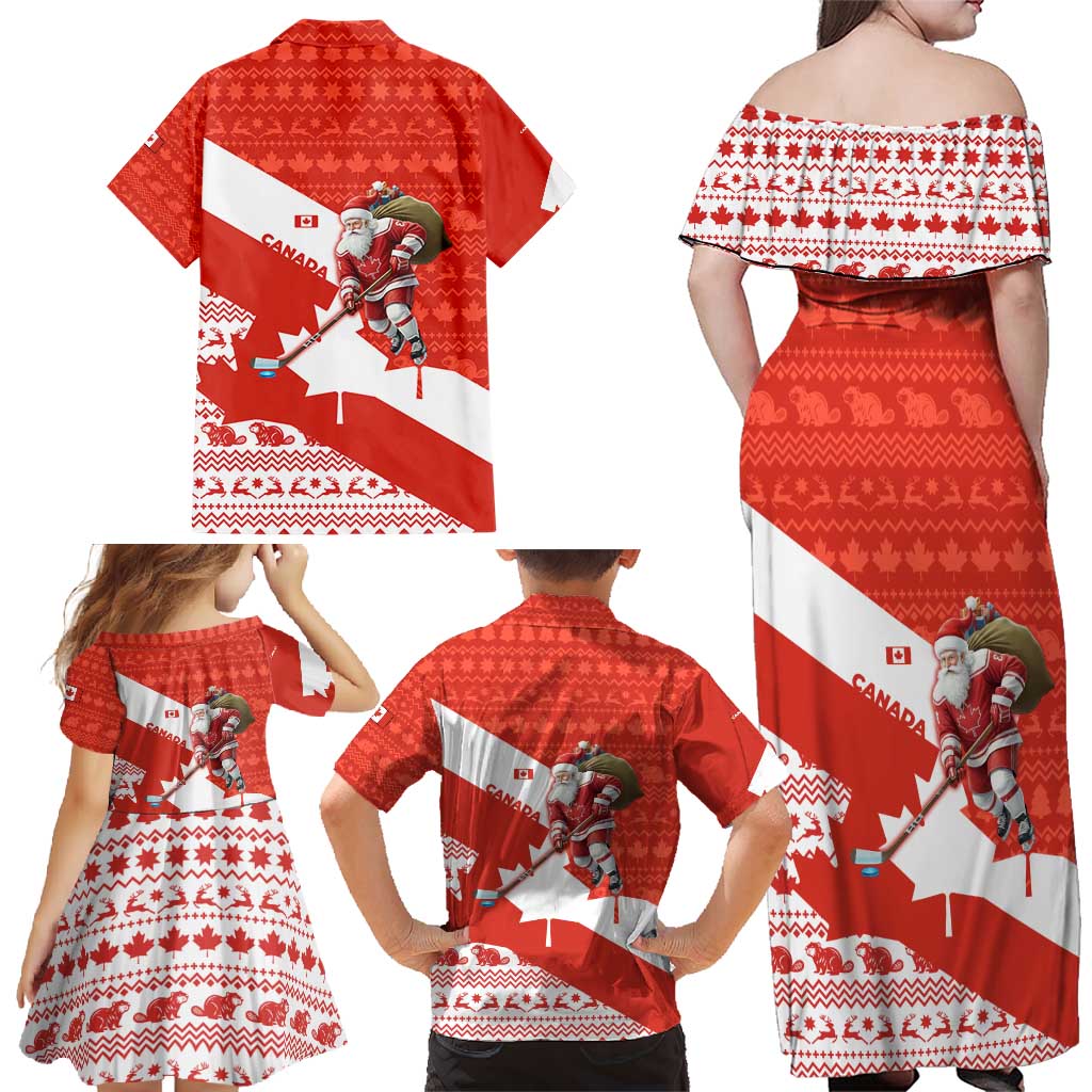 Canada Christmas Family Matching Off Shoulder Maxi Dress and Hawaiian Shirt with Santa Playing Hockey Maple Leaf Flag and Red White Knit Pattern Design - Wonder Print Shop
