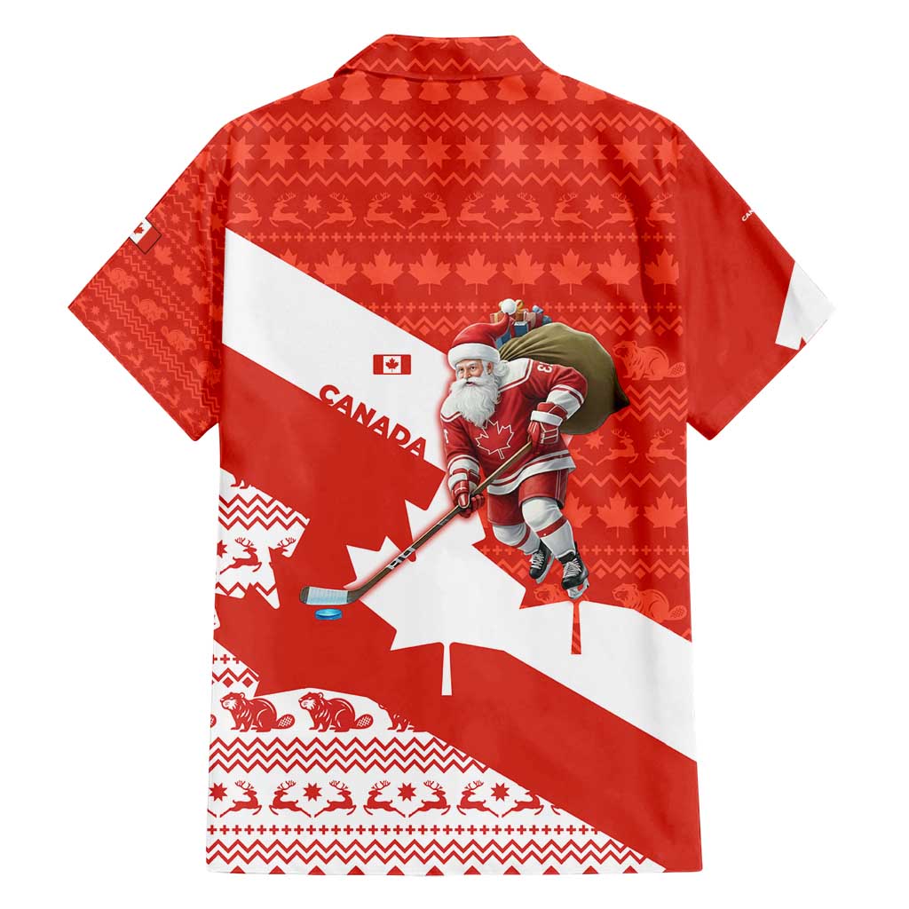 Canada Christmas Family Matching Off Shoulder Maxi Dress and Hawaiian Shirt with Santa Playing Hockey Maple Leaf Flag and Red White Knit Pattern Design - Wonder Print Shop