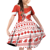 Canada Christmas Family Matching Off Shoulder Short Dress and Hawaiian Shirt with Santa Playing Hockey Maple Leaf Flag and Red White Knit Pattern Design - Wonder Print Shop
