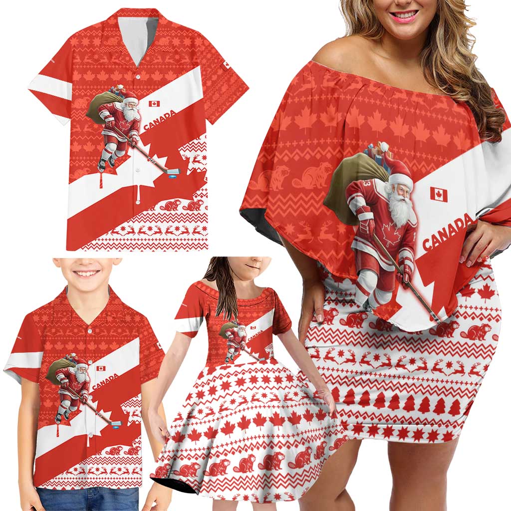 Canada Christmas Family Matching Off Shoulder Short Dress and Hawaiian Shirt with Santa Playing Hockey Maple Leaf Flag and Red White Knit Pattern Design - Wonder Print Shop