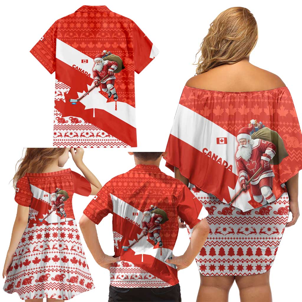 Canada Christmas Family Matching Off Shoulder Short Dress and Hawaiian Shirt with Santa Playing Hockey Maple Leaf Flag and Red White Knit Pattern Design - Wonder Print Shop