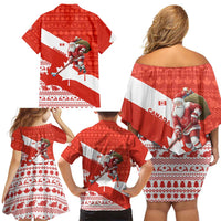 Canada Christmas Family Matching Off Shoulder Short Dress and Hawaiian Shirt with Santa Playing Hockey Maple Leaf Flag and Red White Knit Pattern Design - Wonder Print Shop