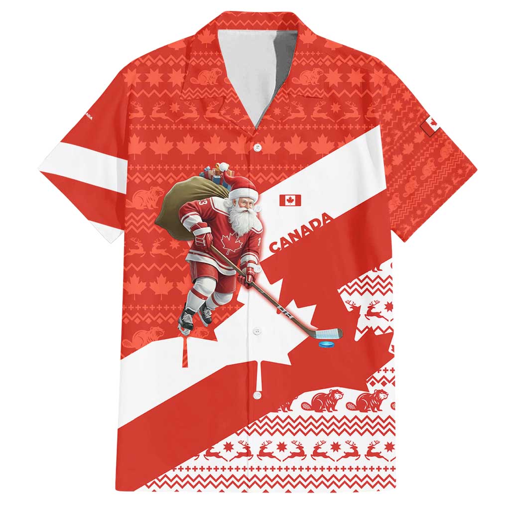Canada Christmas Family Matching Off Shoulder Short Dress and Hawaiian Shirt with Santa Playing Hockey Maple Leaf Flag and Red White Knit Pattern Design - Wonder Print Shop