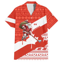Canada Christmas Family Matching Off Shoulder Short Dress and Hawaiian Shirt with Santa Playing Hockey Maple Leaf Flag and Red White Knit Pattern Design - Wonder Print Shop