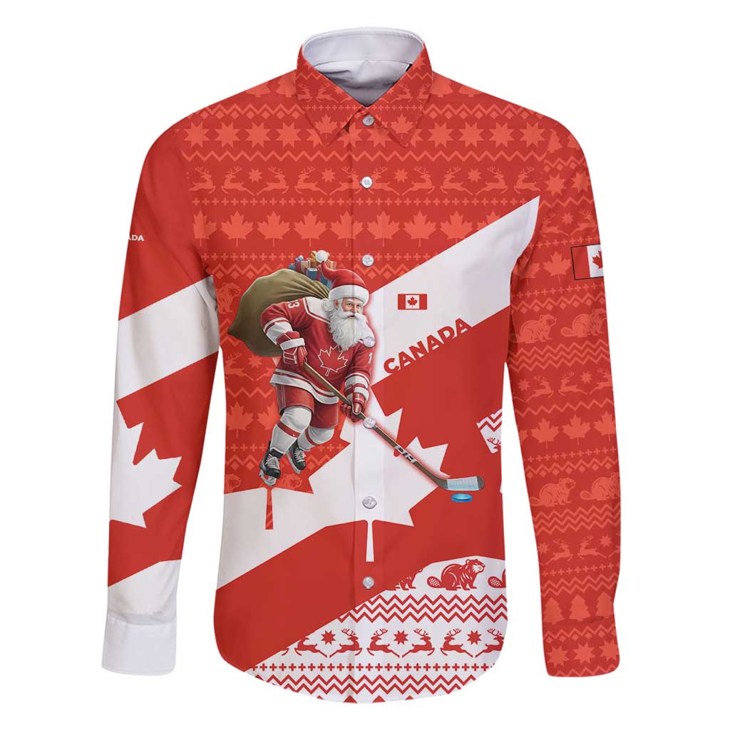 Canada Christmas Family Matching Off Shoulder Short Dress and Hawaiian Shirt with Santa Playing Hockey Maple Leaf Flag and Red White Knit Pattern Design - Wonder Print Shop