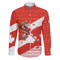 Canada Christmas Family Matching Off Shoulder Short Dress and Hawaiian Shirt with Santa Playing Hockey Maple Leaf Flag and Red White Knit Pattern Design - Wonder Print Shop