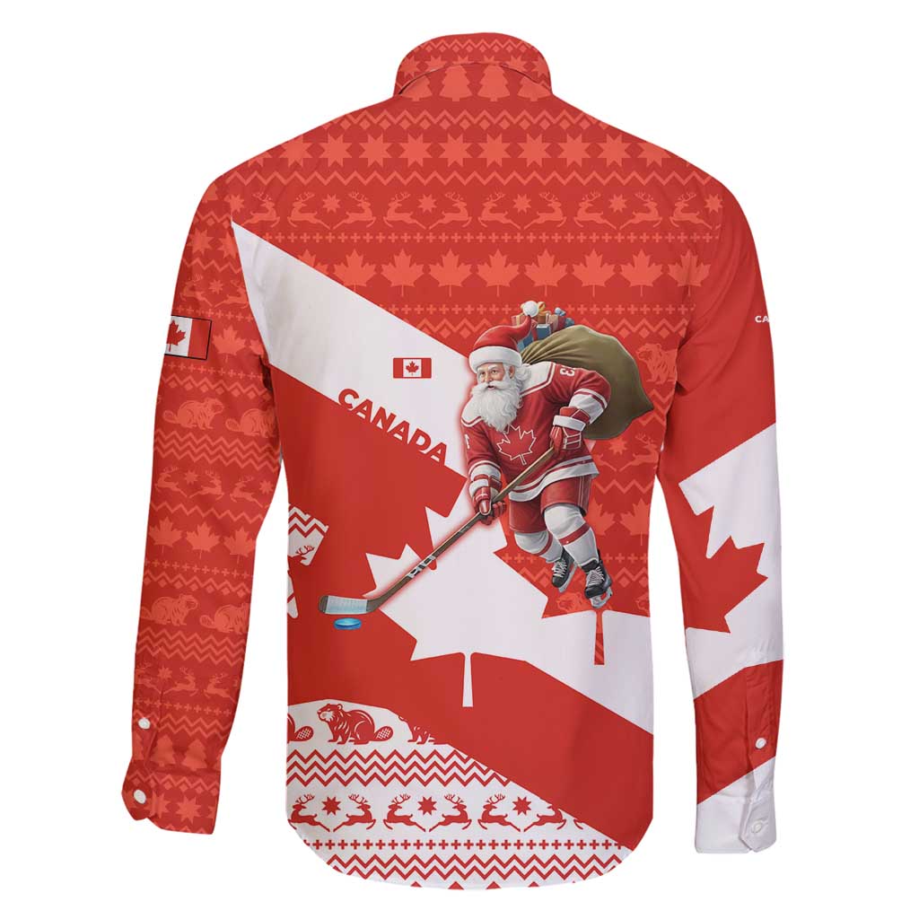 Canada Christmas Family Matching Off Shoulder Short Dress and Hawaiian Shirt with Santa Playing Hockey Maple Leaf Flag and Red White Knit Pattern Design - Wonder Print Shop