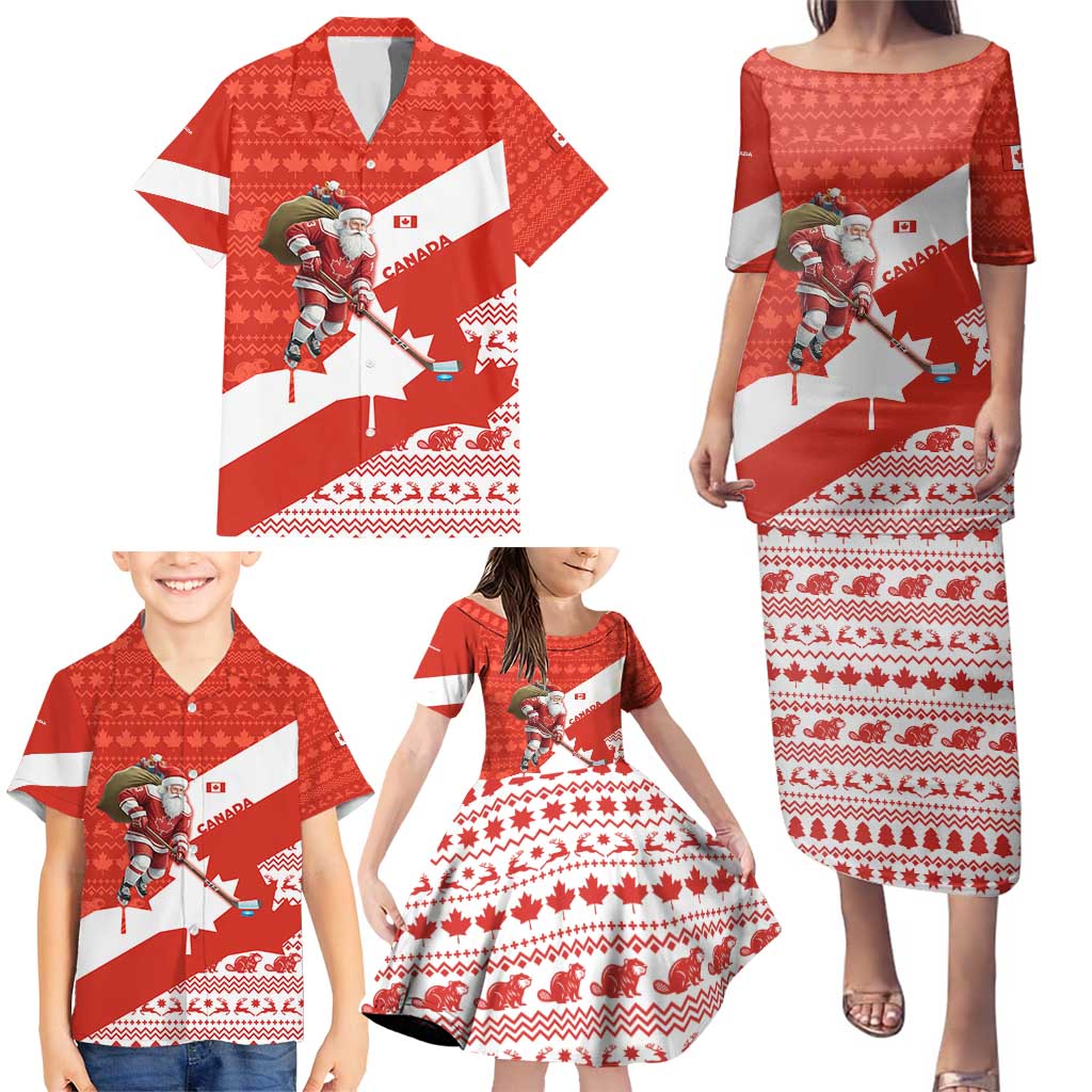 Canada Christmas Family Matching Puletasi and Hawaiian Shirt with Santa Playing Hockey Maple Leaf Flag and Red White Knit Pattern Design - Wonder Print Shop