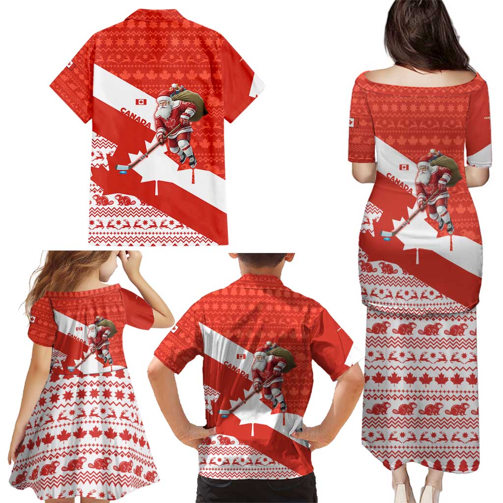 Canada Christmas Family Matching Puletasi and Hawaiian Shirt with Santa Playing Hockey Maple Leaf Flag and Red White Knit Pattern Design - Wonder Print Shop