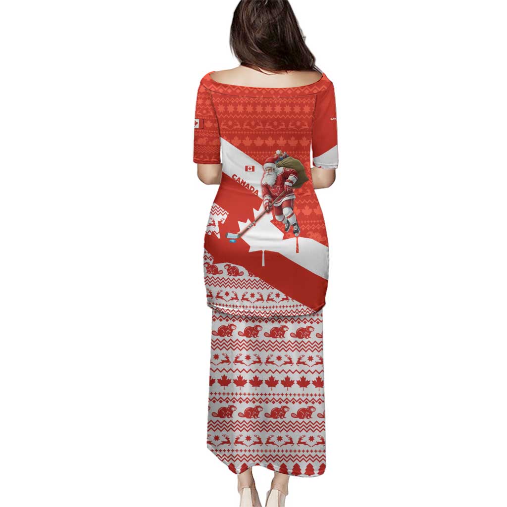 Canada Christmas Family Matching Puletasi and Hawaiian Shirt with Santa Playing Hockey Maple Leaf Flag and Red White Knit Pattern Design - Wonder Print Shop
