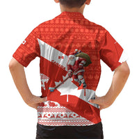 Canada Christmas Family Matching Short Sleeve Bodycon Dress and Hawaiian Shirt with Santa Playing Hockey Maple Leaf Flag and Red White Knit Pattern Design - Wonder Print Shop