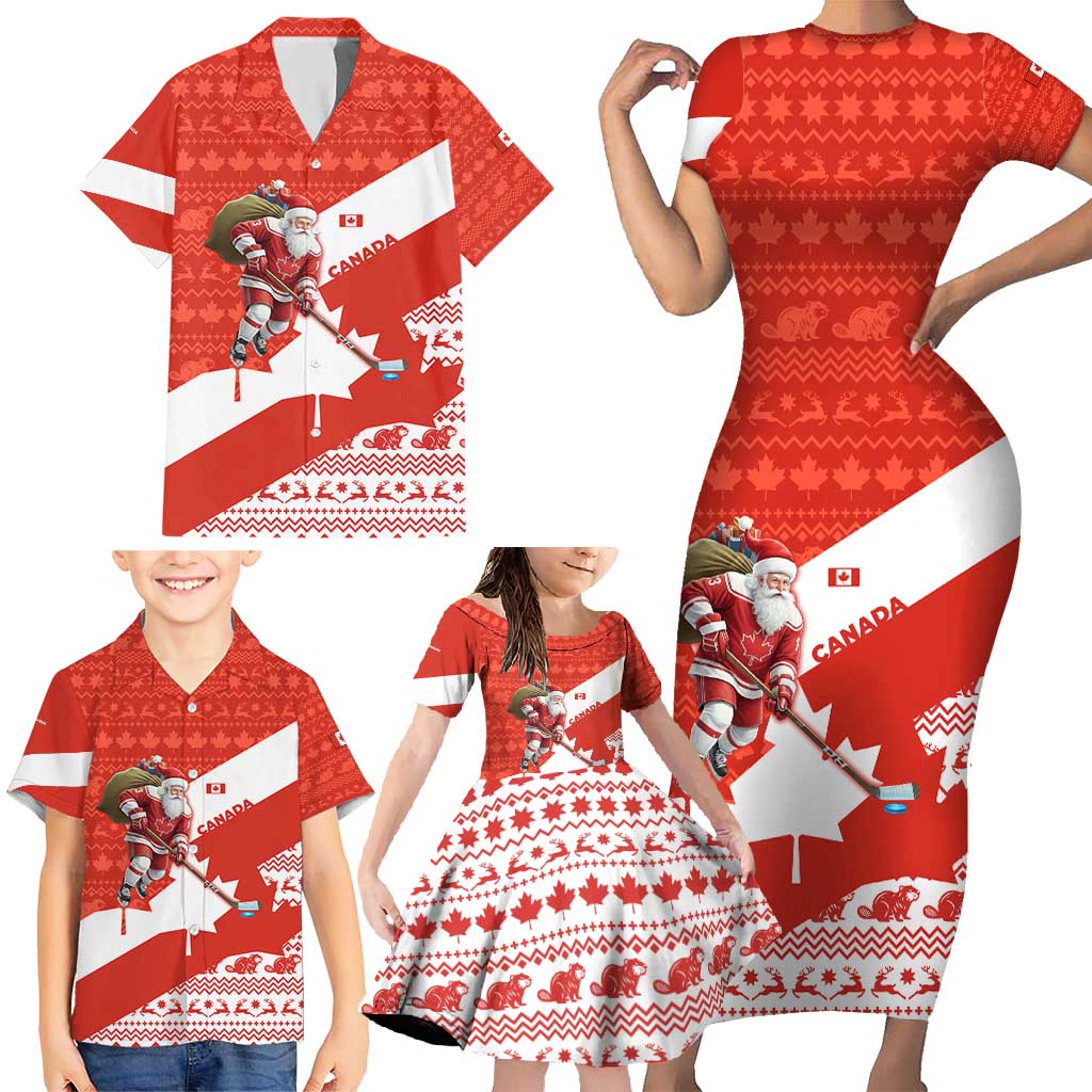 Canada Christmas Family Matching Short Sleeve Bodycon Dress and Hawaiian Shirt with Santa Playing Hockey Maple Leaf Flag and Red White Knit Pattern Design - Wonder Print Shop