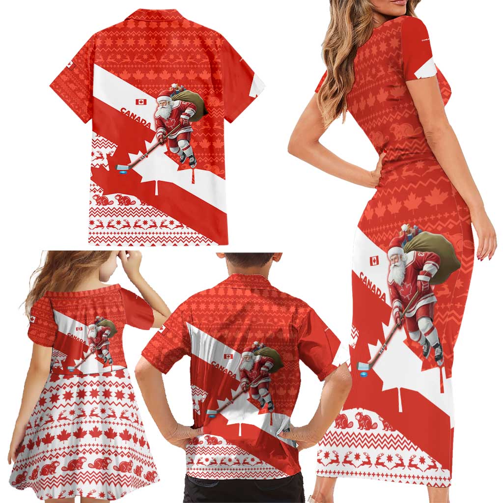 Canada Christmas Family Matching Short Sleeve Bodycon Dress and Hawaiian Shirt with Santa Playing Hockey Maple Leaf Flag and Red White Knit Pattern Design - Wonder Print Shop