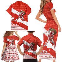Canada Christmas Family Matching Short Sleeve Bodycon Dress and Hawaiian Shirt with Santa Playing Hockey Maple Leaf Flag and Red White Knit Pattern Design - Wonder Print Shop