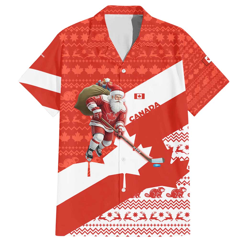 Canada Christmas Family Matching Short Sleeve Bodycon Dress and Hawaiian Shirt with Santa Playing Hockey Maple Leaf Flag and Red White Knit Pattern Design - Wonder Print Shop
