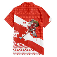 Canada Christmas Family Matching Short Sleeve Bodycon Dress and Hawaiian Shirt with Santa Playing Hockey Maple Leaf Flag and Red White Knit Pattern Design - Wonder Print Shop