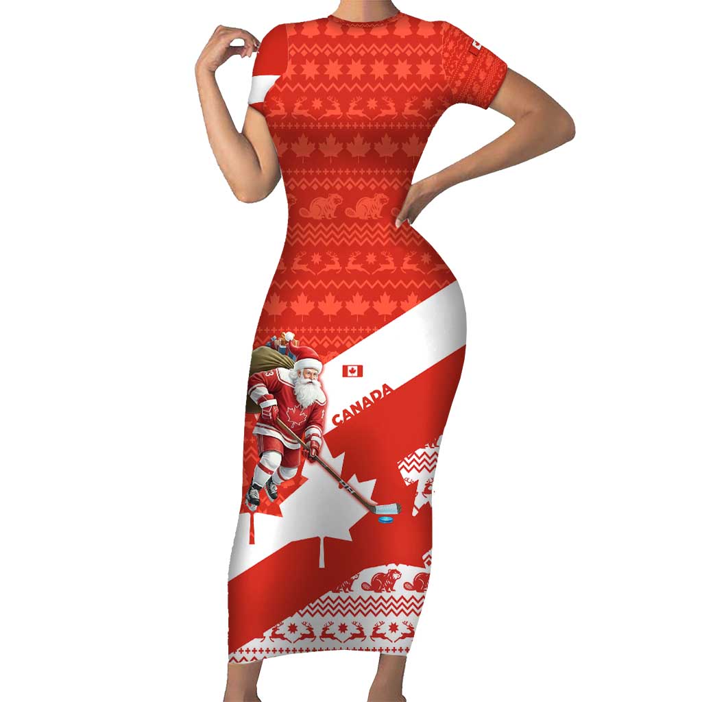 Canada Christmas Family Matching Short Sleeve Bodycon Dress and Hawaiian Shirt with Santa Playing Hockey Maple Leaf Flag and Red White Knit Pattern Design - Wonder Print Shop
