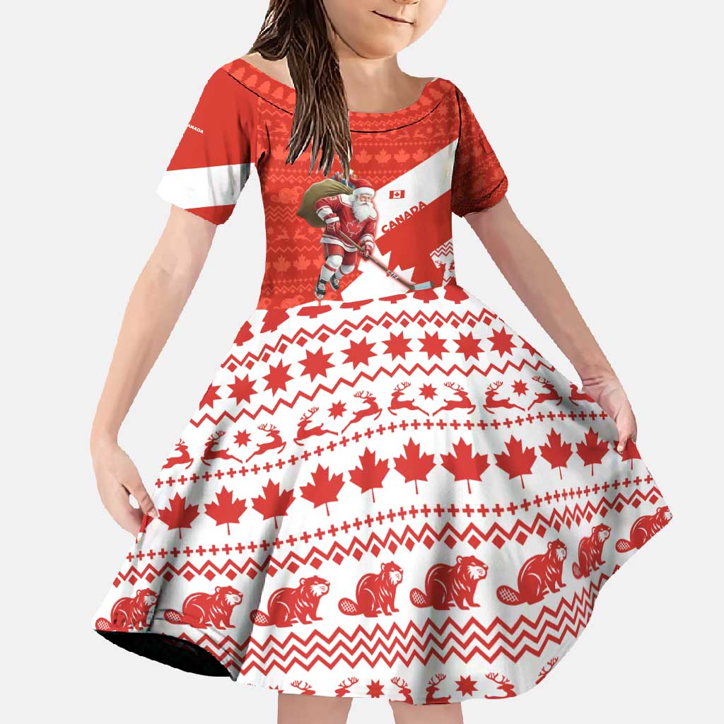Canada Christmas Family Matching Summer Maxi Dress and Hawaiian Shirt with Santa Playing Hockey Maple Leaf Flag and Red White Knit Pattern Design - Wonder Print Shop