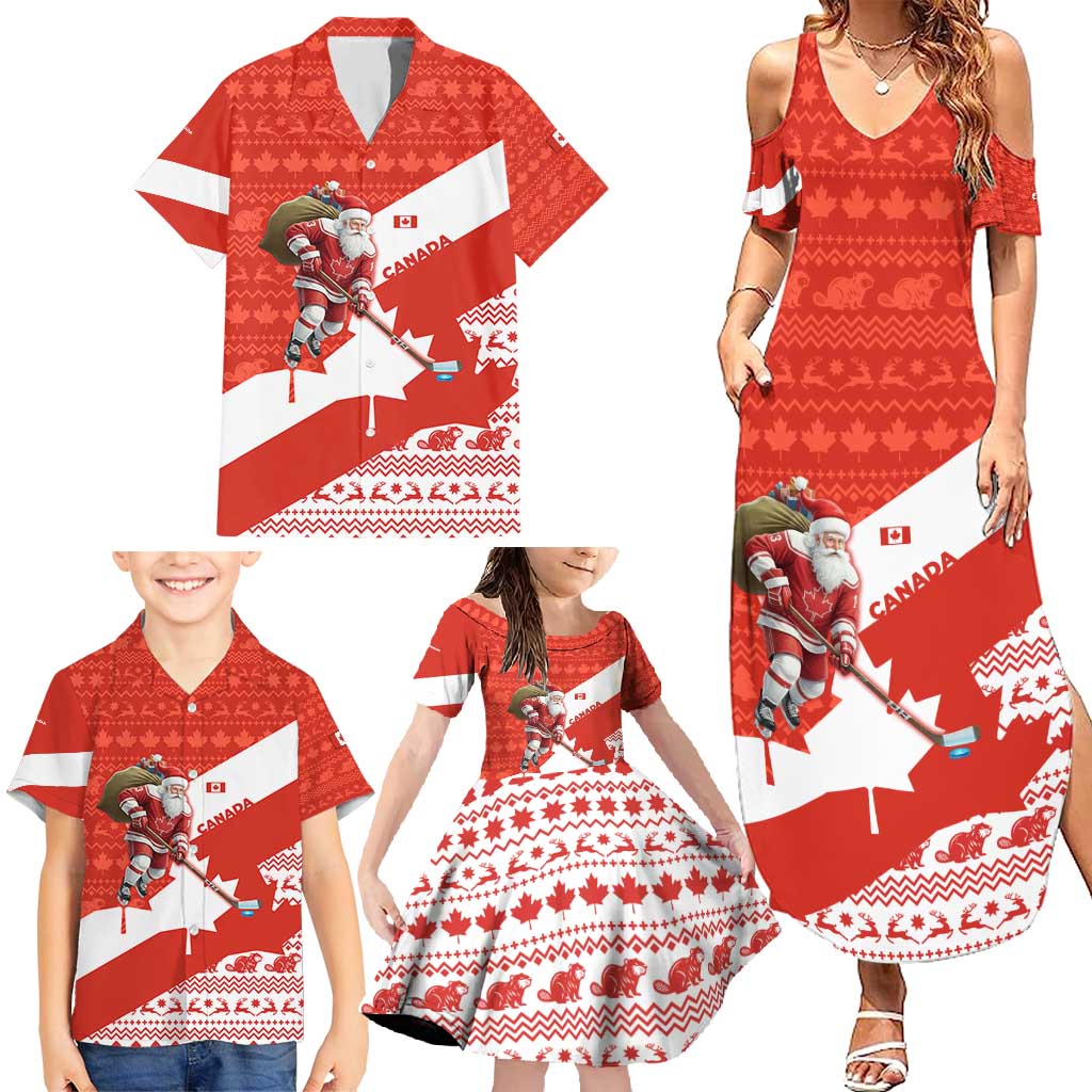 Canada Christmas Family Matching Summer Maxi Dress and Hawaiian Shirt with Santa Playing Hockey Maple Leaf Flag and Red White Knit Pattern Design - Wonder Print Shop