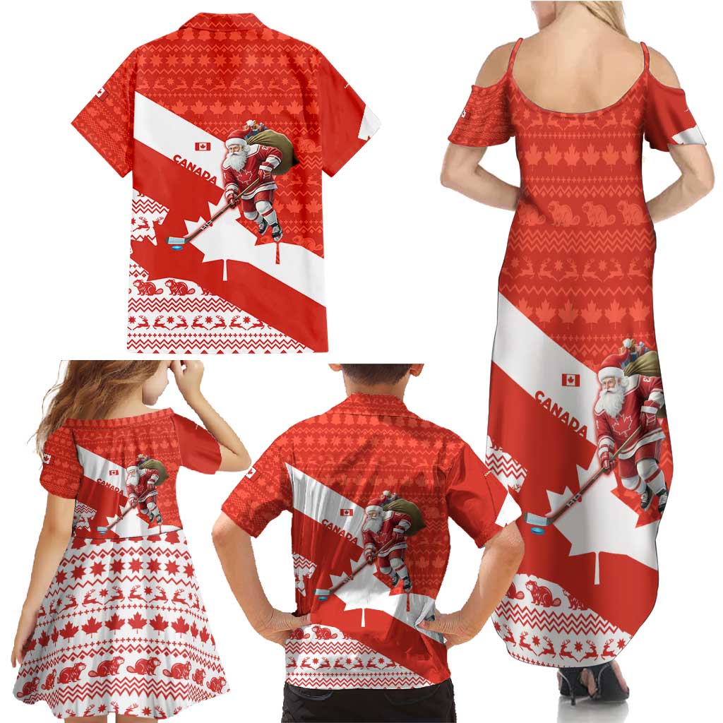 Canada Christmas Family Matching Summer Maxi Dress and Hawaiian Shirt with Santa Playing Hockey Maple Leaf Flag and Red White Knit Pattern Design - Wonder Print Shop