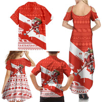 Canada Christmas Family Matching Summer Maxi Dress and Hawaiian Shirt with Santa Playing Hockey Maple Leaf Flag and Red White Knit Pattern Design - Wonder Print Shop