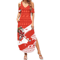 Canada Christmas Family Matching Summer Maxi Dress and Hawaiian Shirt with Santa Playing Hockey Maple Leaf Flag and Red White Knit Pattern Design - Wonder Print Shop