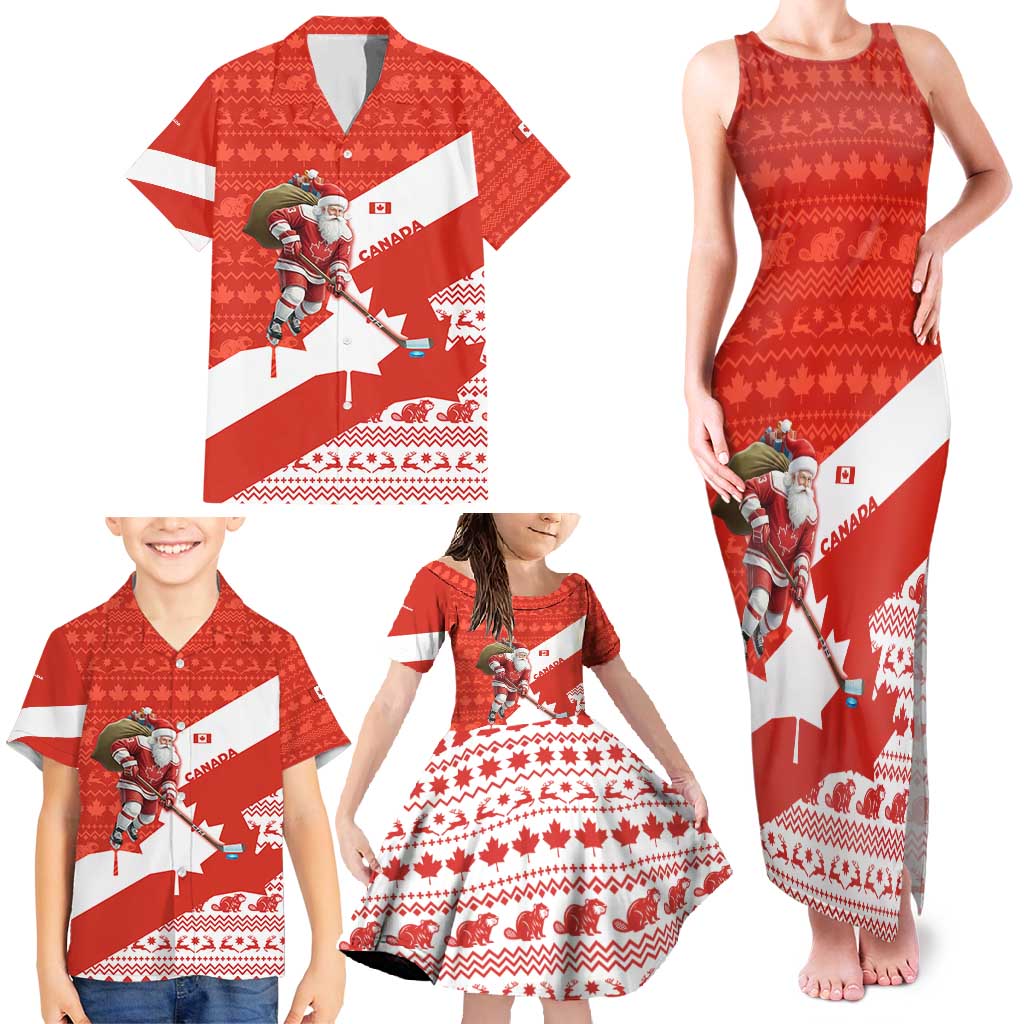 Canada Christmas Family Matching Tank Maxi Dress and Hawaiian Shirt with Santa Playing Hockey Maple Leaf Flag and Red White Knit Pattern Design - Wonder Print Shop