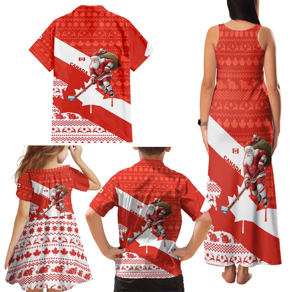 Canada Christmas Family Matching Tank Maxi Dress and Hawaiian Shirt with Santa Playing Hockey Maple Leaf Flag and Red White Knit Pattern Design - Wonder Print Shop