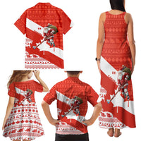 Canada Christmas Family Matching Tank Maxi Dress and Hawaiian Shirt with Santa Playing Hockey Maple Leaf Flag and Red White Knit Pattern Design - Wonder Print Shop