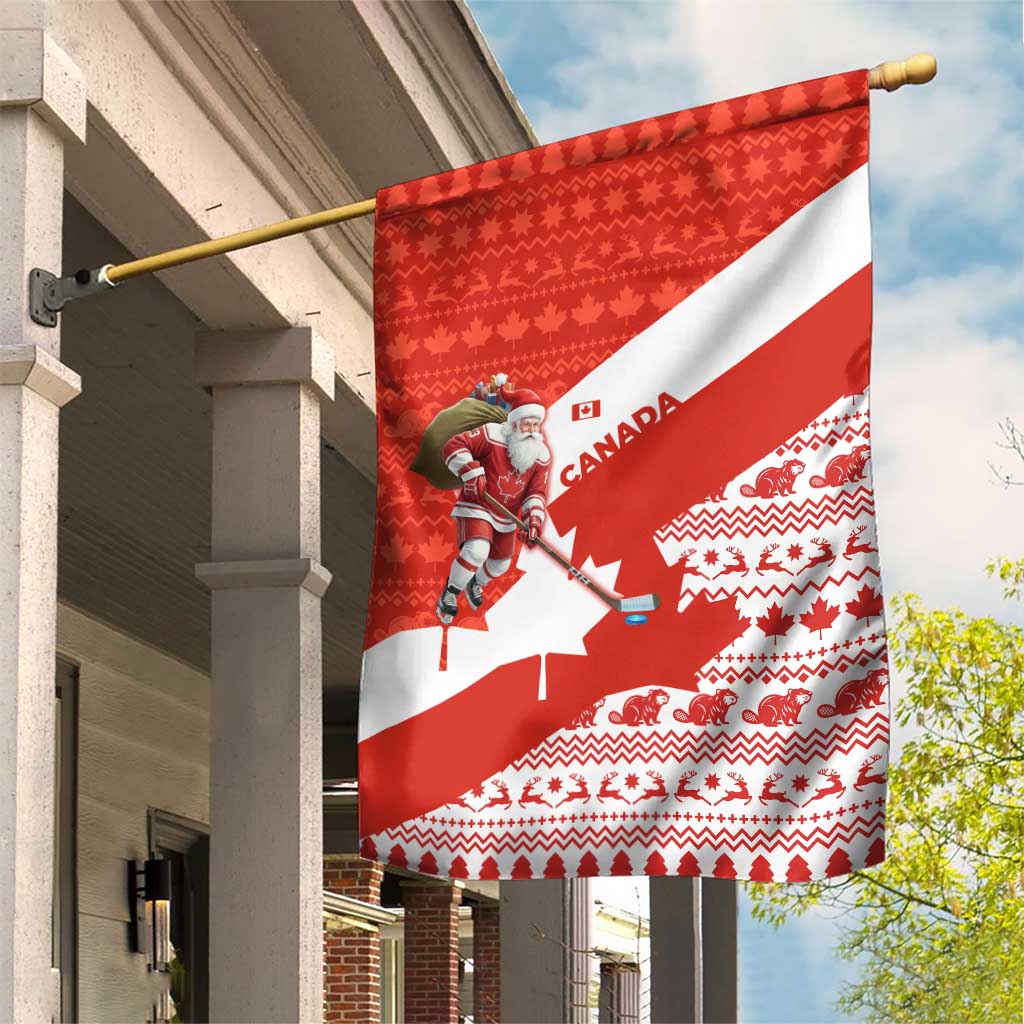 Canada Christmas Garden Flag with Santa Playing Hockey Maple Leaf Flag and Red White Knit Pattern Design - Wonder Print Shop
