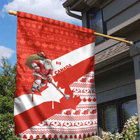Canada Christmas Garden Flag with Santa Playing Hockey Maple Leaf Flag and Red White Knit Pattern Design - Wonder Print Shop