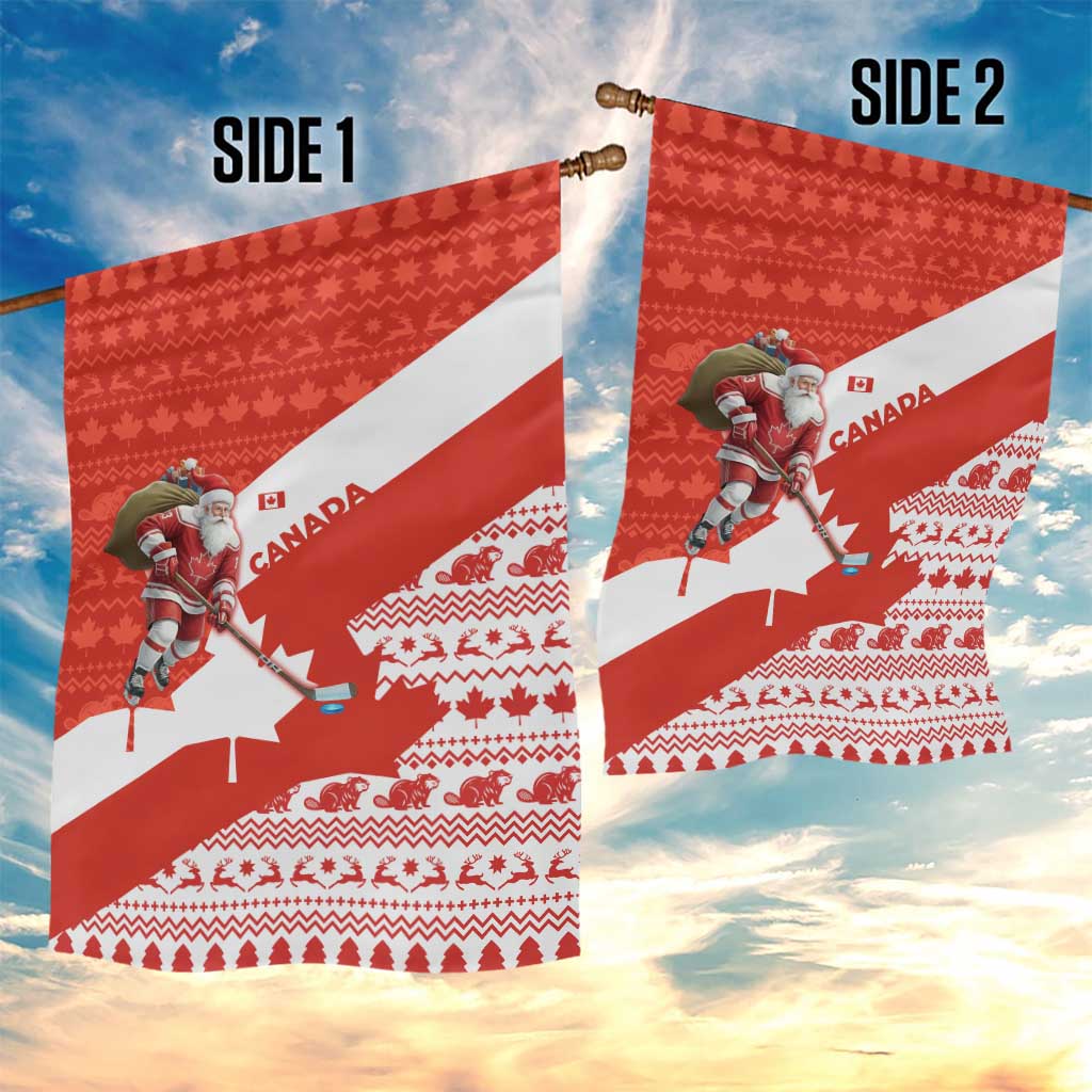 Canada Christmas Garden Flag with Santa Playing Hockey Maple Leaf Flag and Red White Knit Pattern Design - Wonder Print Shop