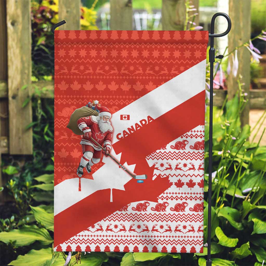 Canada Christmas Garden Flag with Santa Playing Hockey Maple Leaf Flag and Red White Knit Pattern Design - Wonder Print Shop