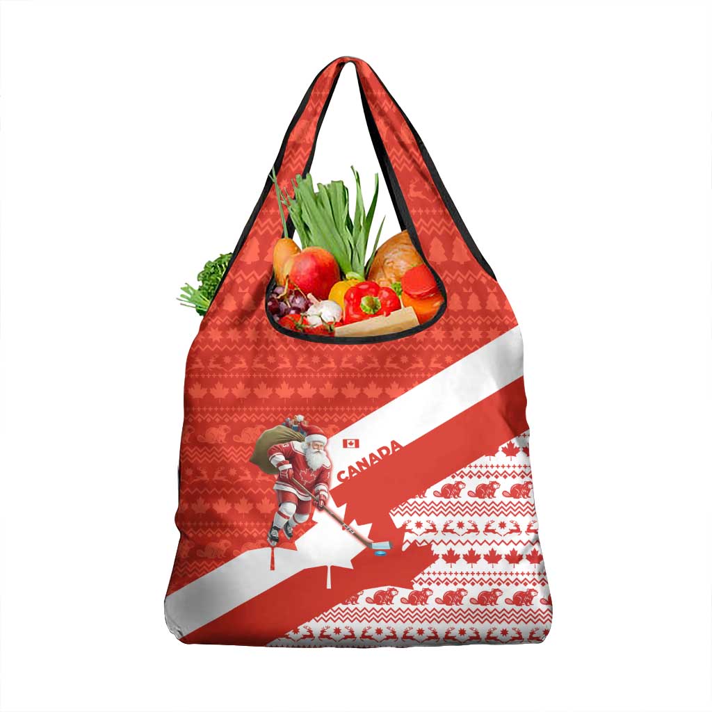 Canada Christmas Grocery Bag with Santa Playing Hockey Maple Leaf Flag and Red White Knit Pattern Design - Wonder Print Shop