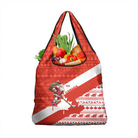 Canada Christmas Grocery Bag with Santa Playing Hockey Maple Leaf Flag and Red White Knit Pattern Design - Wonder Print Shop