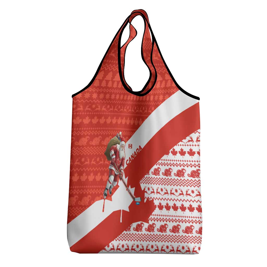 Canada Christmas Grocery Bag with Santa Playing Hockey Maple Leaf Flag and Red White Knit Pattern Design - Wonder Print Shop