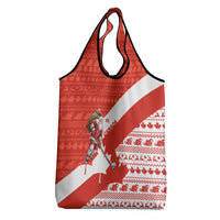 Canada Christmas Grocery Bag with Santa Playing Hockey Maple Leaf Flag and Red White Knit Pattern Design - Wonder Print Shop