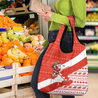 Canada Christmas Grocery Bag with Santa Playing Hockey Maple Leaf Flag and Red White Knit Pattern Design - Wonder Print Shop