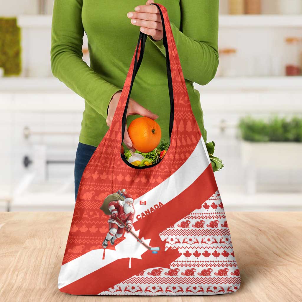 Canada Christmas Grocery Bag with Santa Playing Hockey Maple Leaf Flag and Red White Knit Pattern Design - Wonder Print Shop