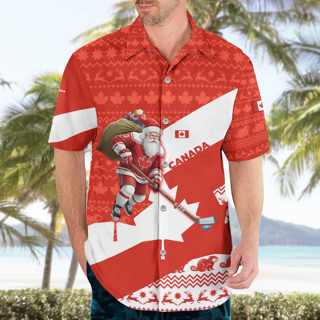 Canada Christmas Hawaiian Shirt with Santa Playing Hockey Maple Leaf Flag and Red White Knit Pattern Design - Wonder Print Shop