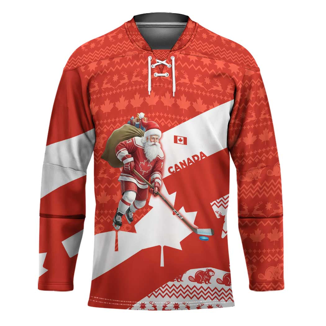 Canada Christmas Hockey Jersey with Santa Playing Hockey Maple Leaf Flag and Red White Knit Pattern Design - Wonder Print Shop
