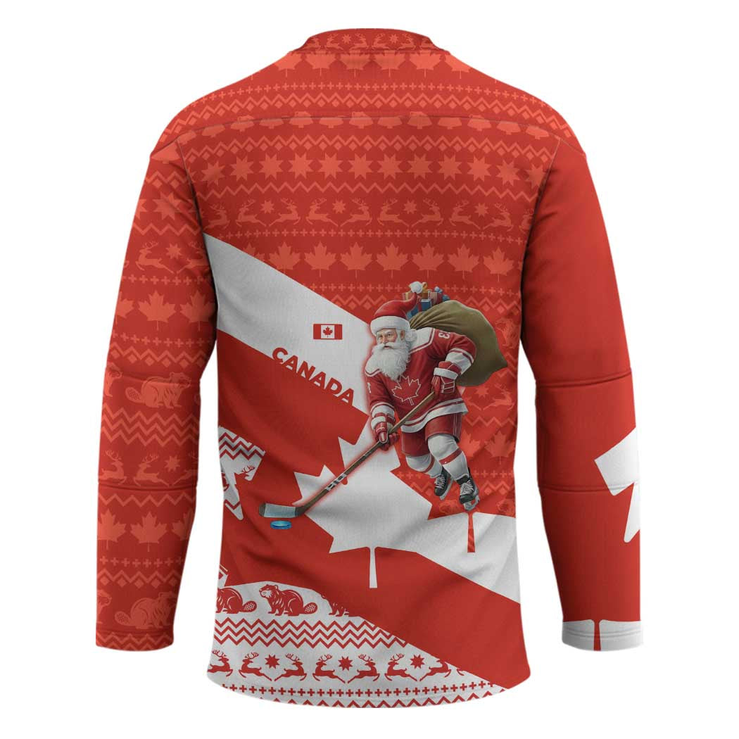 Canada Christmas Hockey Jersey with Santa Playing Hockey Maple Leaf Flag and Red White Knit Pattern Design - Wonder Print Shop