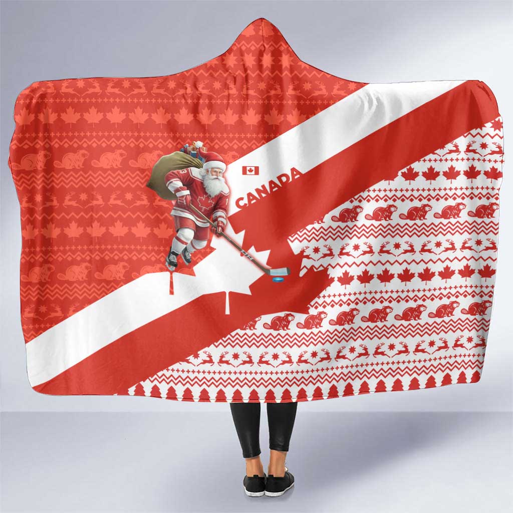 Canada Christmas Hooded Blanket with Santa Playing Hockey Maple Leaf Flag and Red White Knit Pattern Design - Wonder Print Shop