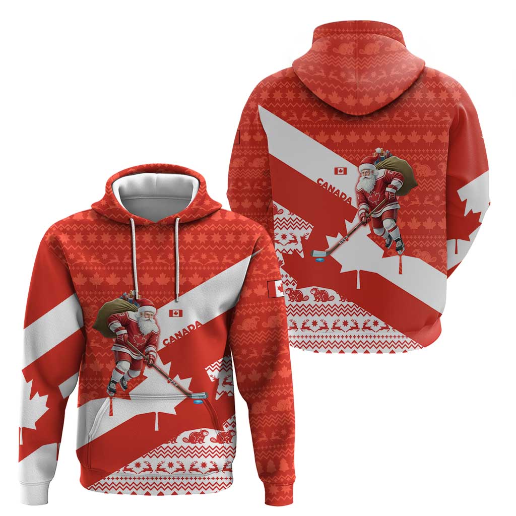 Canada Christmas Hoodie with Santa Playing Hockey Maple Leaf Flag and Red White Knit Pattern Design - Wonder Print Shop