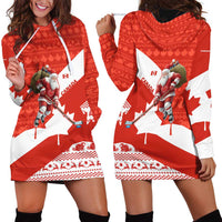Canada Christmas Hoodie Dress with Santa Playing Hockey Maple Leaf Flag and Red White Knit Pattern Design - Wonder Print Shop
