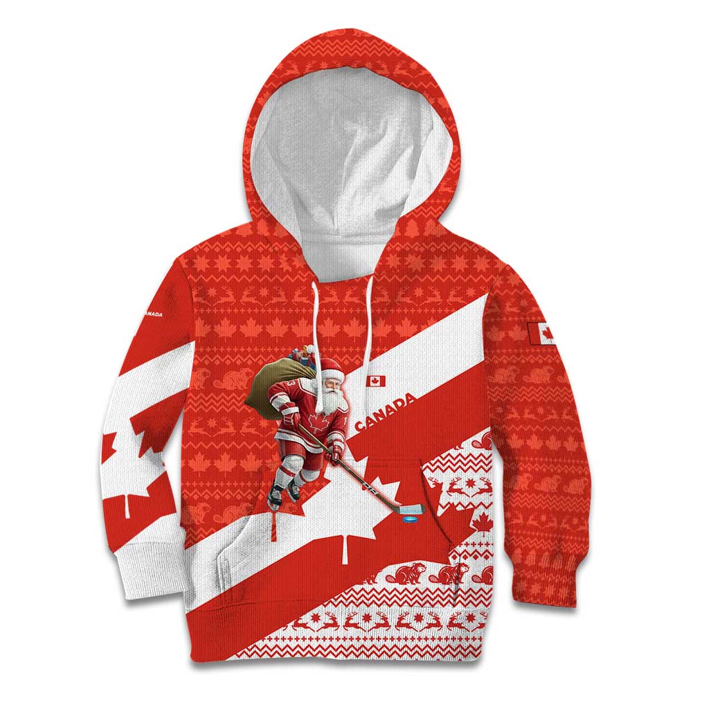Canada Christmas Kid Hoodie with Santa Playing Hockey Maple Leaf Flag and Red White Knit Pattern Design - Wonder Print Shop
