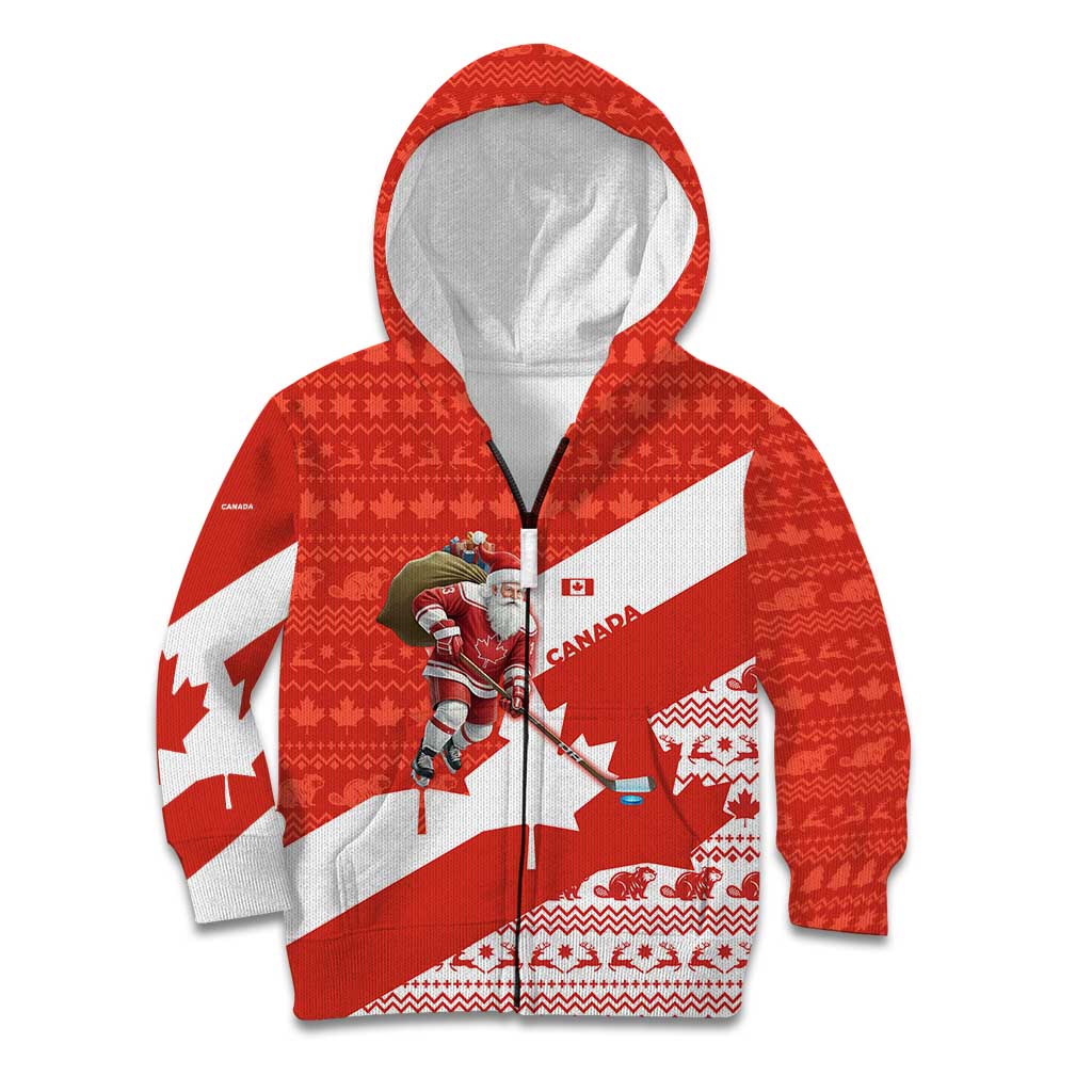 Canada Christmas Kid Hoodie with Santa Playing Hockey Maple Leaf Flag and Red White Knit Pattern Design - Wonder Print Shop